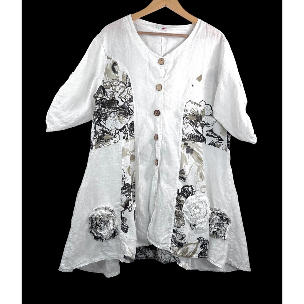 Made in Italy‎ Linen Tunic sz M White Floral 3D Rosette tunic lagen look artsy